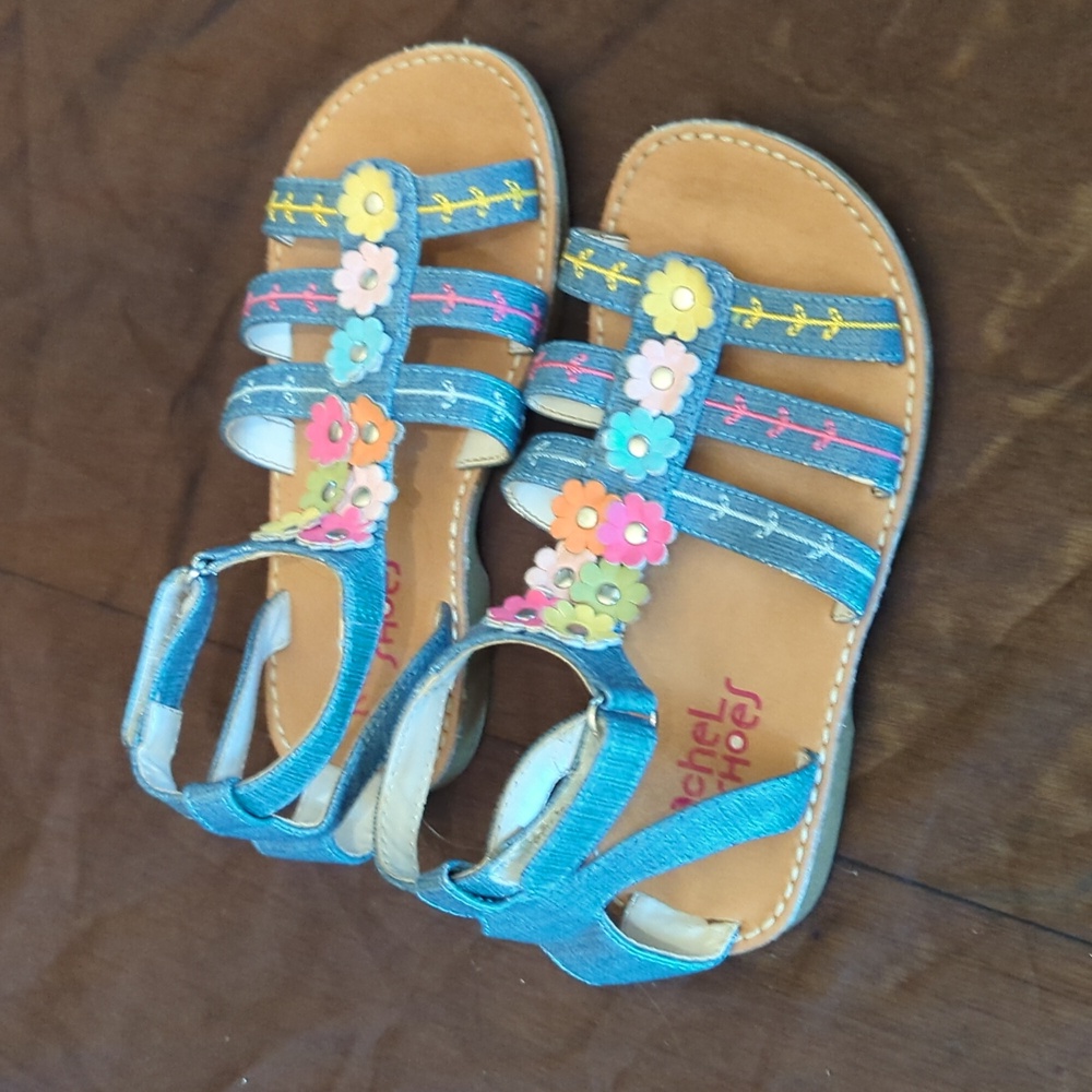 Rachel Shoes Girls Blue Sandals with Multicolor Flower Accents